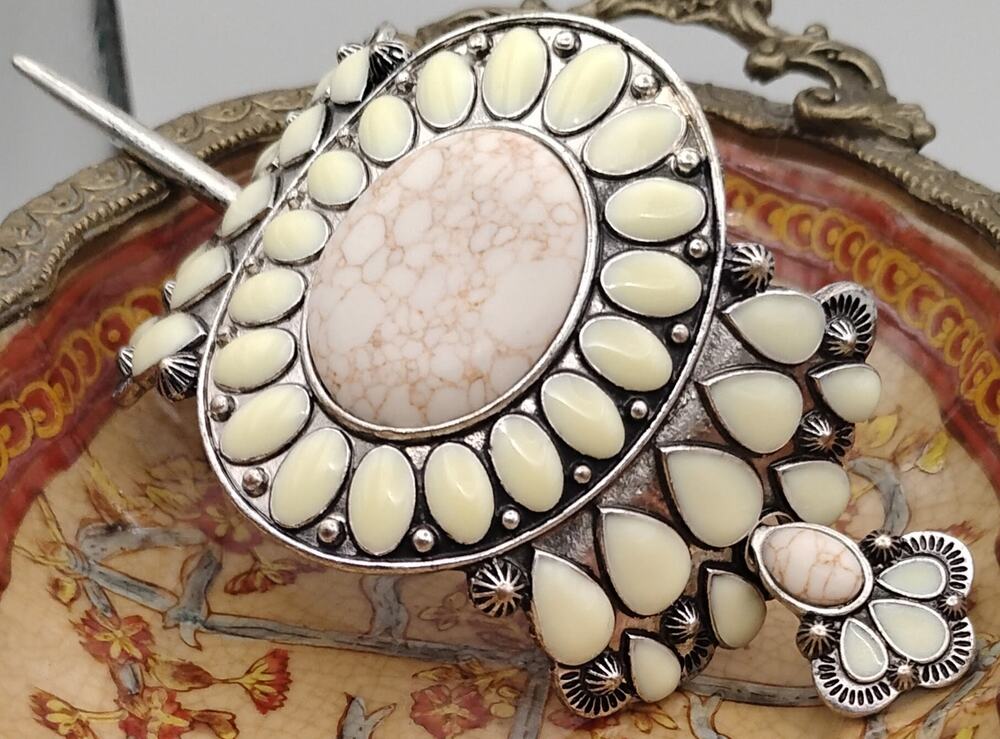 Vintage Southwestern Style Hair Slide Stick Pin White Stone UV Reactive 4.25"